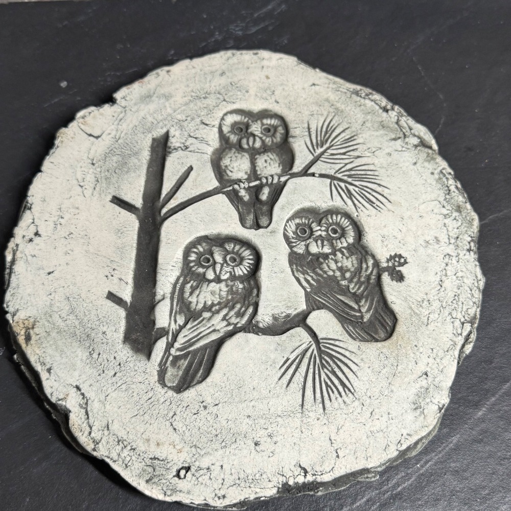 Vintage Signed Jan Three Owls on Pine Branch Stone Wall Plaque Rustic Decor 7.5"
